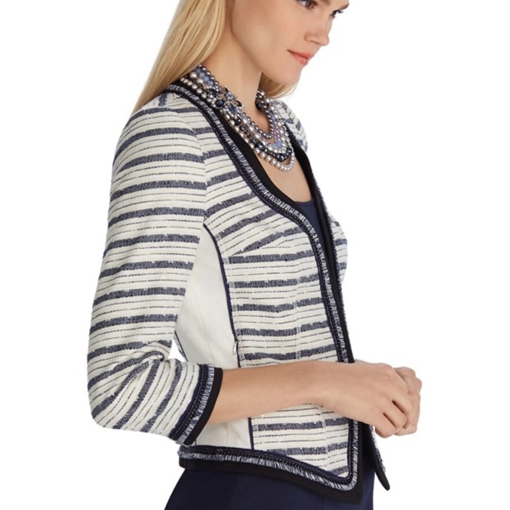 White House Black Market Embellished Striped Tweed Fringe Blazer